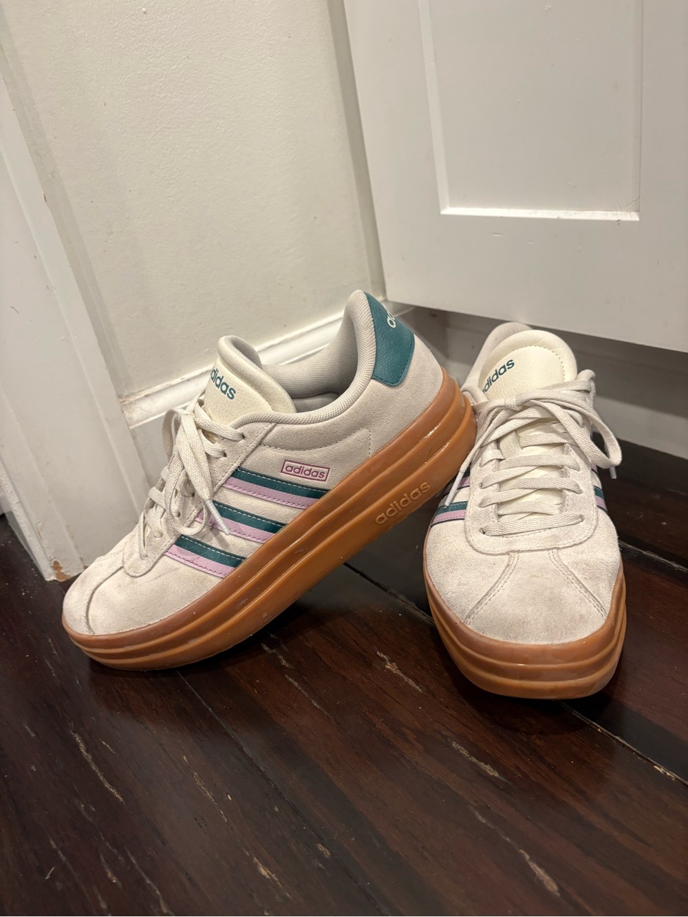 adidas Cream Suede Platform Sneakers with Teal Heel and Gum Sole